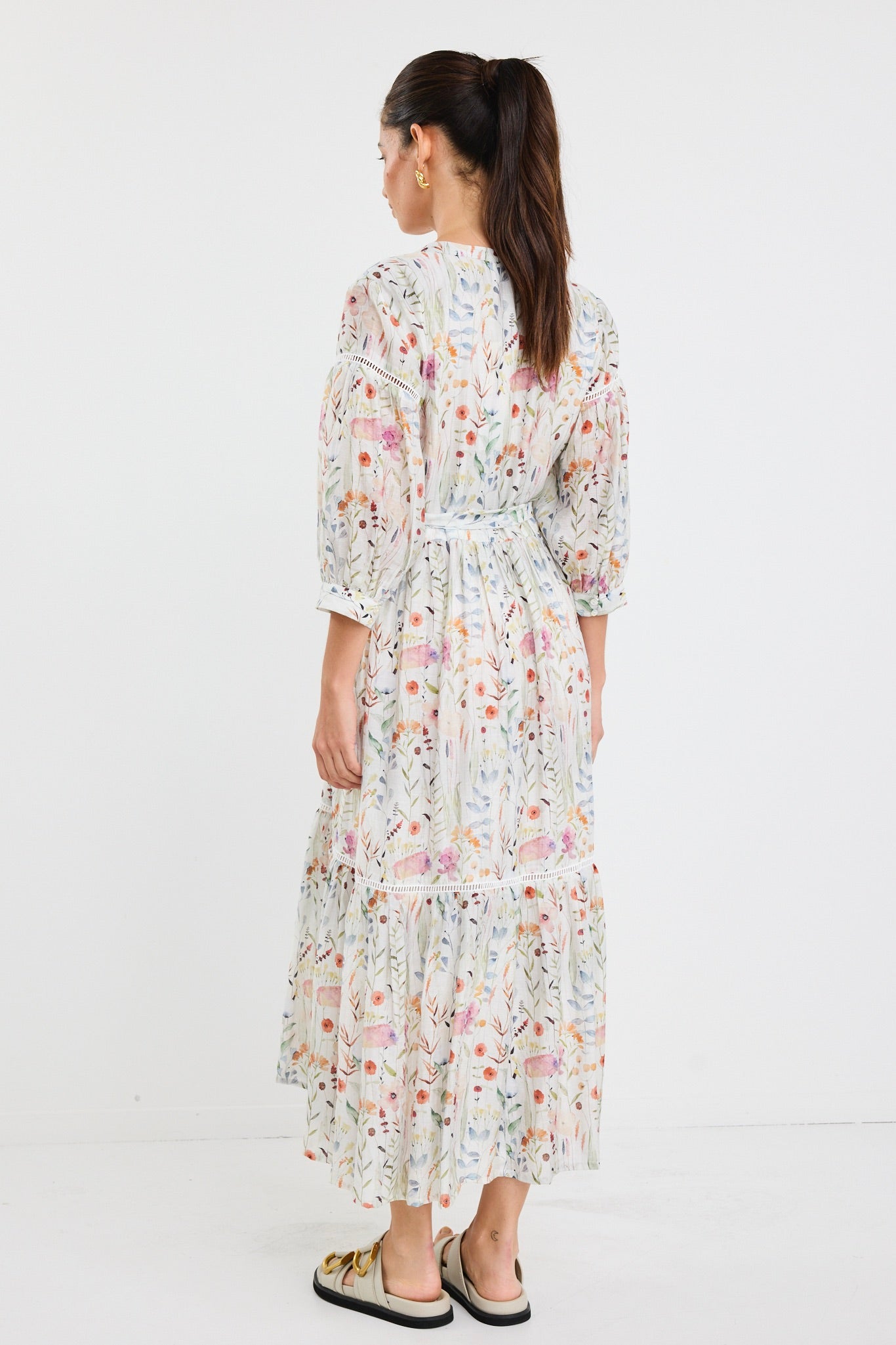 Wisdom Cream Floral Balloon Sleeve Midi Shirt Dress
