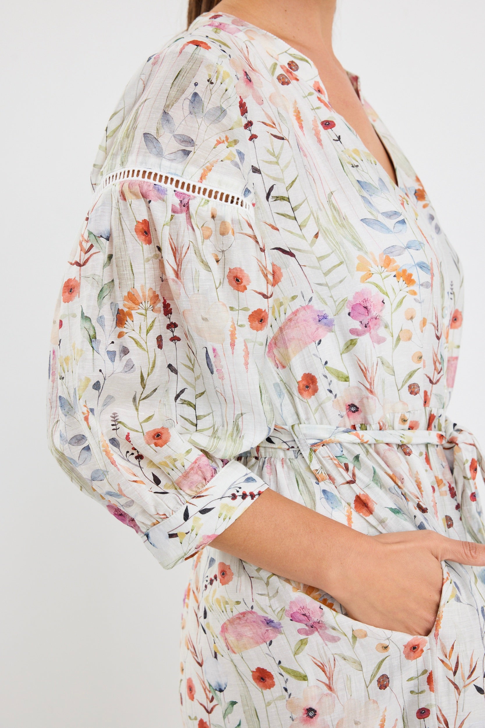 Wisdom Cream Floral Balloon Sleeve Midi Shirt Dress