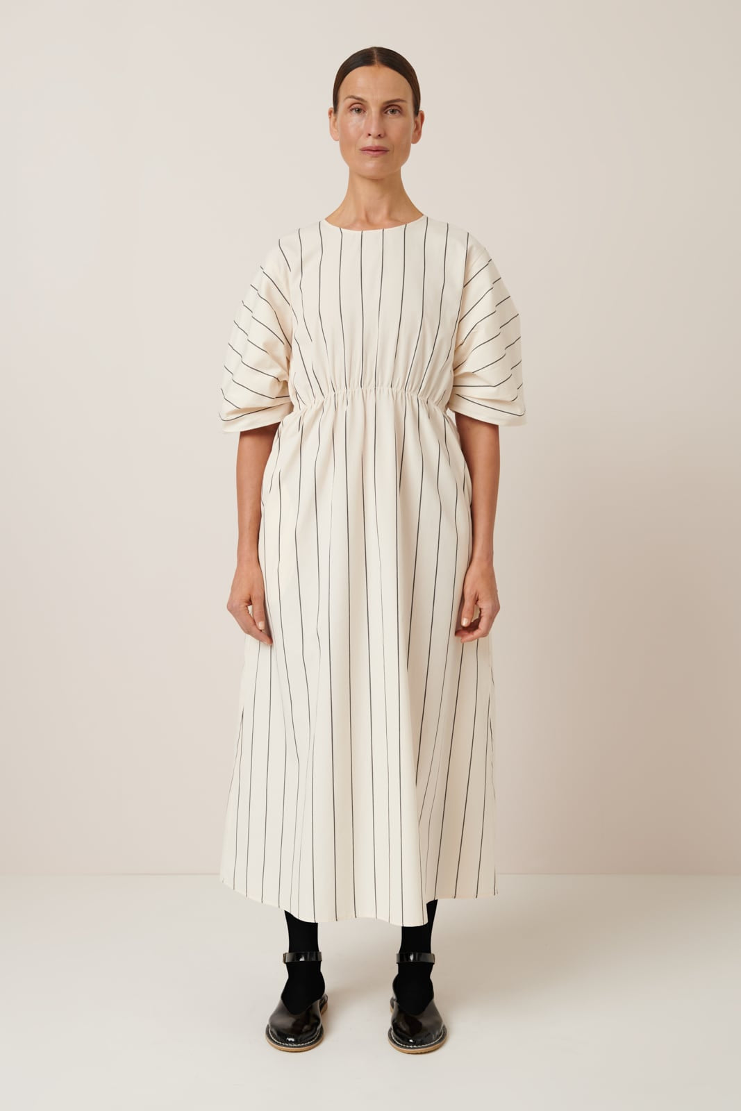 Ellora Dress Greige Pinstripe Kowtow
