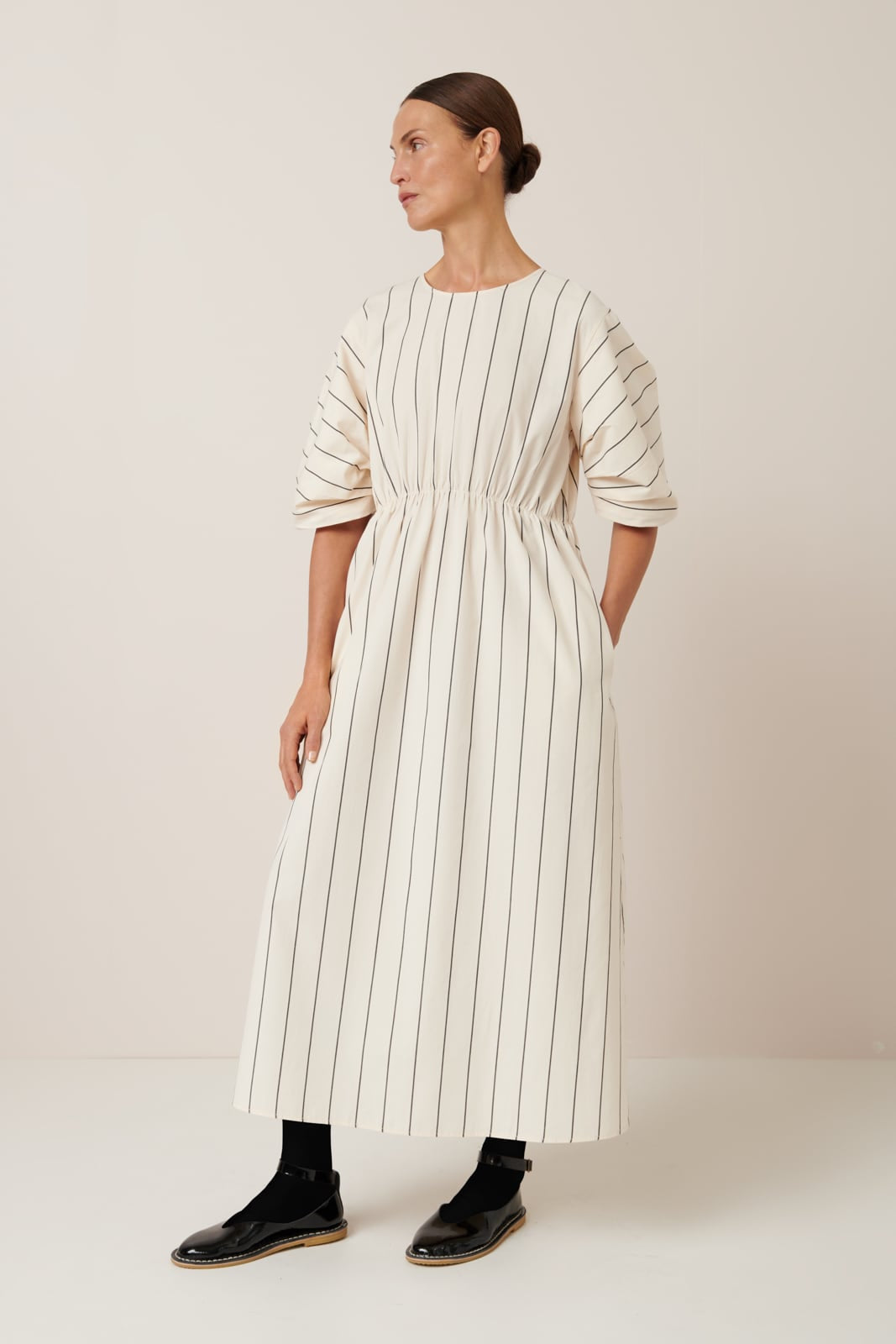 Ellora Dress Greige Pinstripe Kowtow