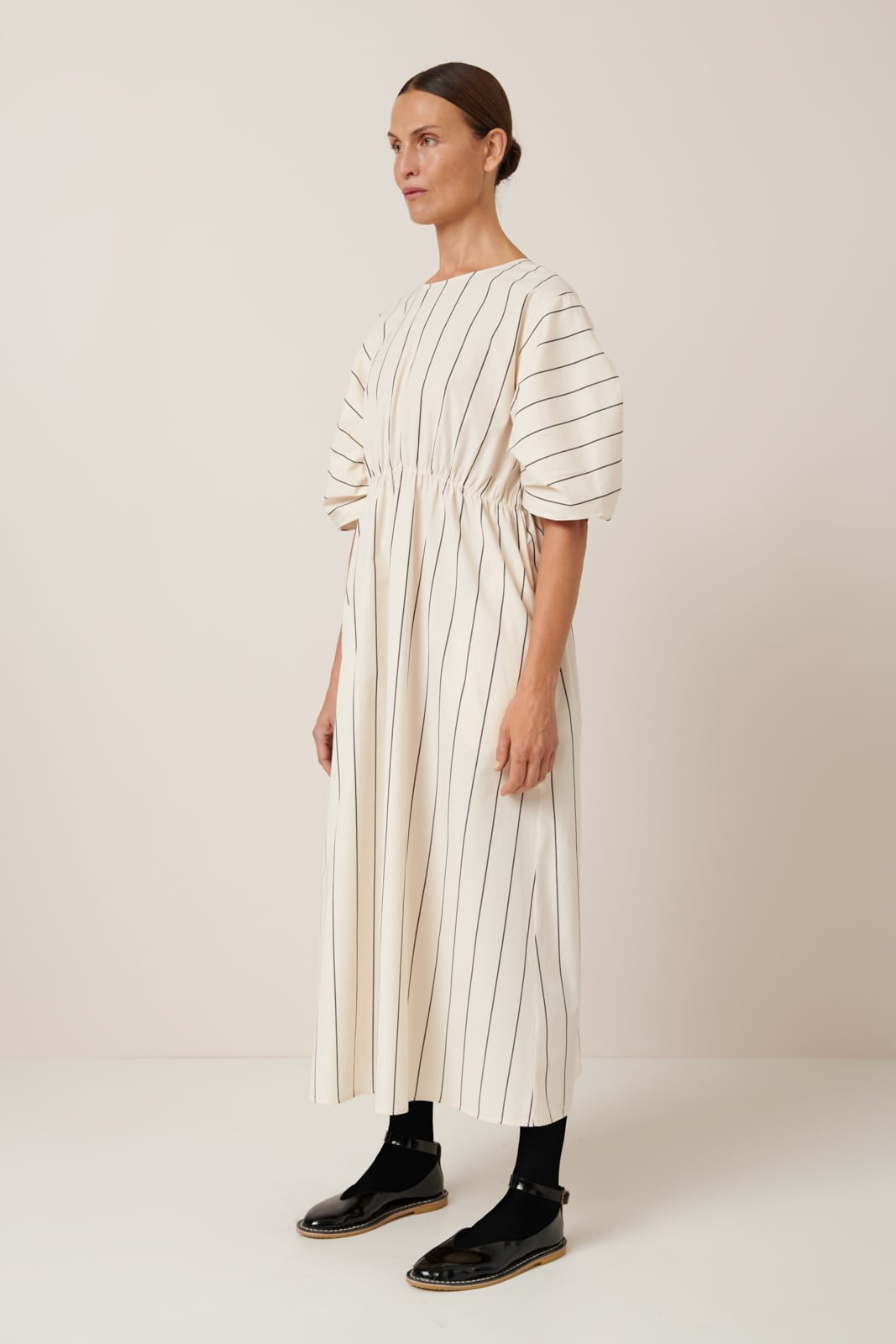 Ellora Dress Greige Pinstripe Kowtow