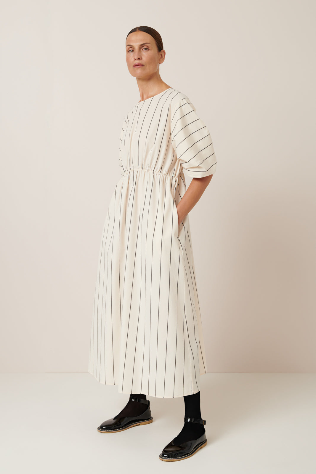 Ellora Dress Greige Pinstripe Kowtow