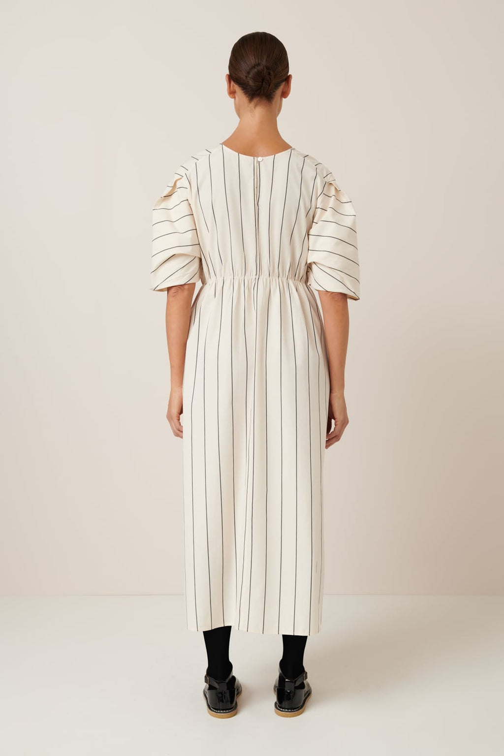 Ellora Dress Greige Pinstripe Kowtow