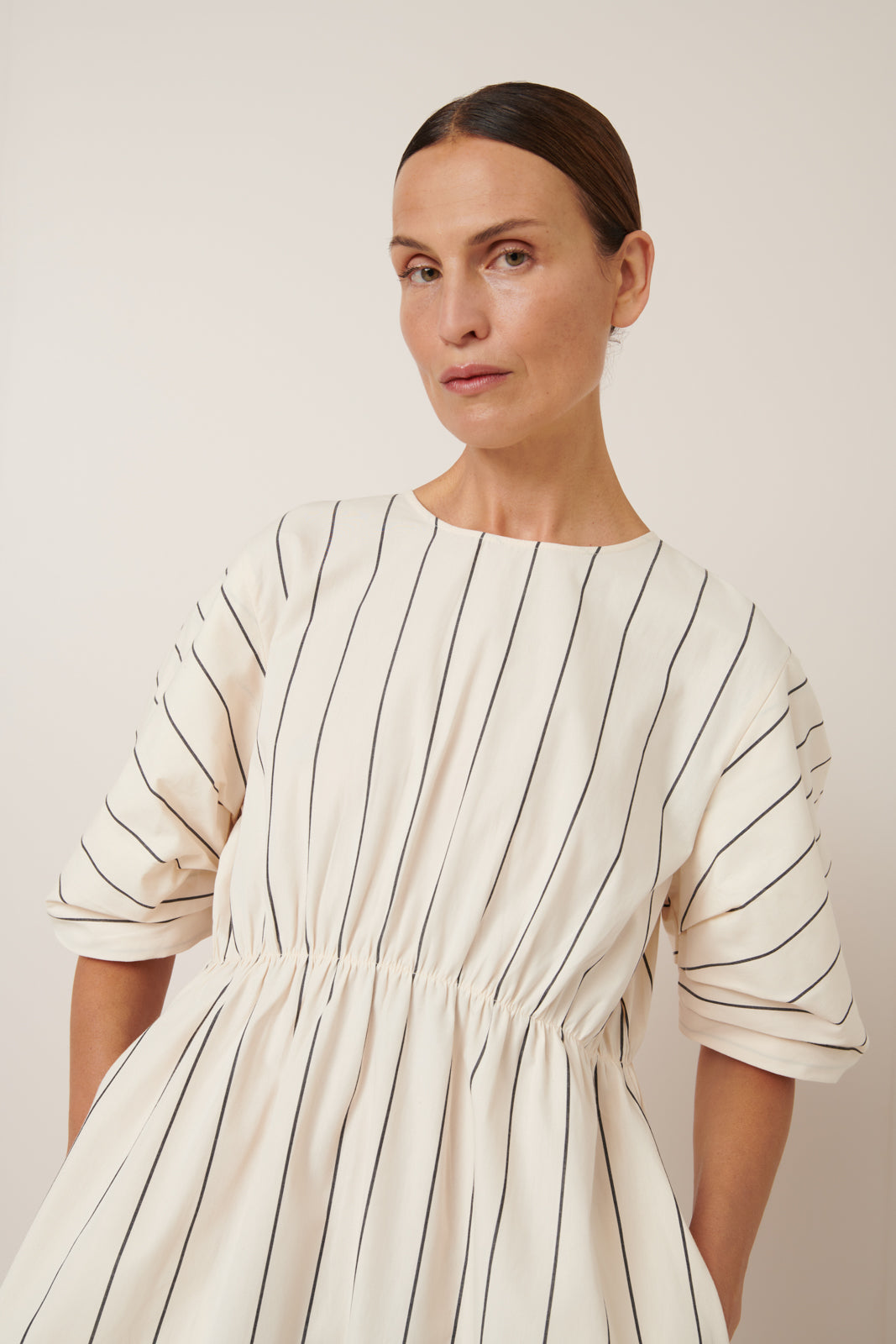 Ellora Dress Greige Pinstripe Kowtow