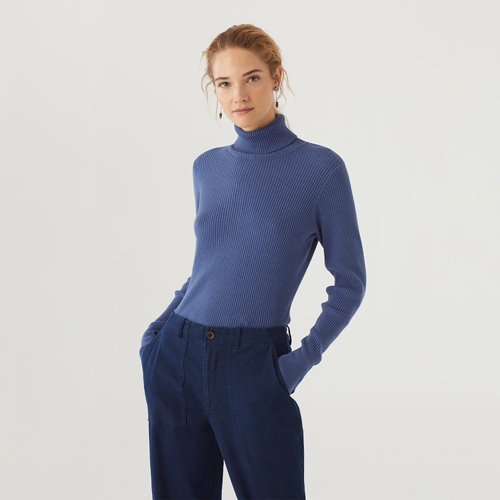Turtle Neck Rib Sweater in Navy or Mid Blue