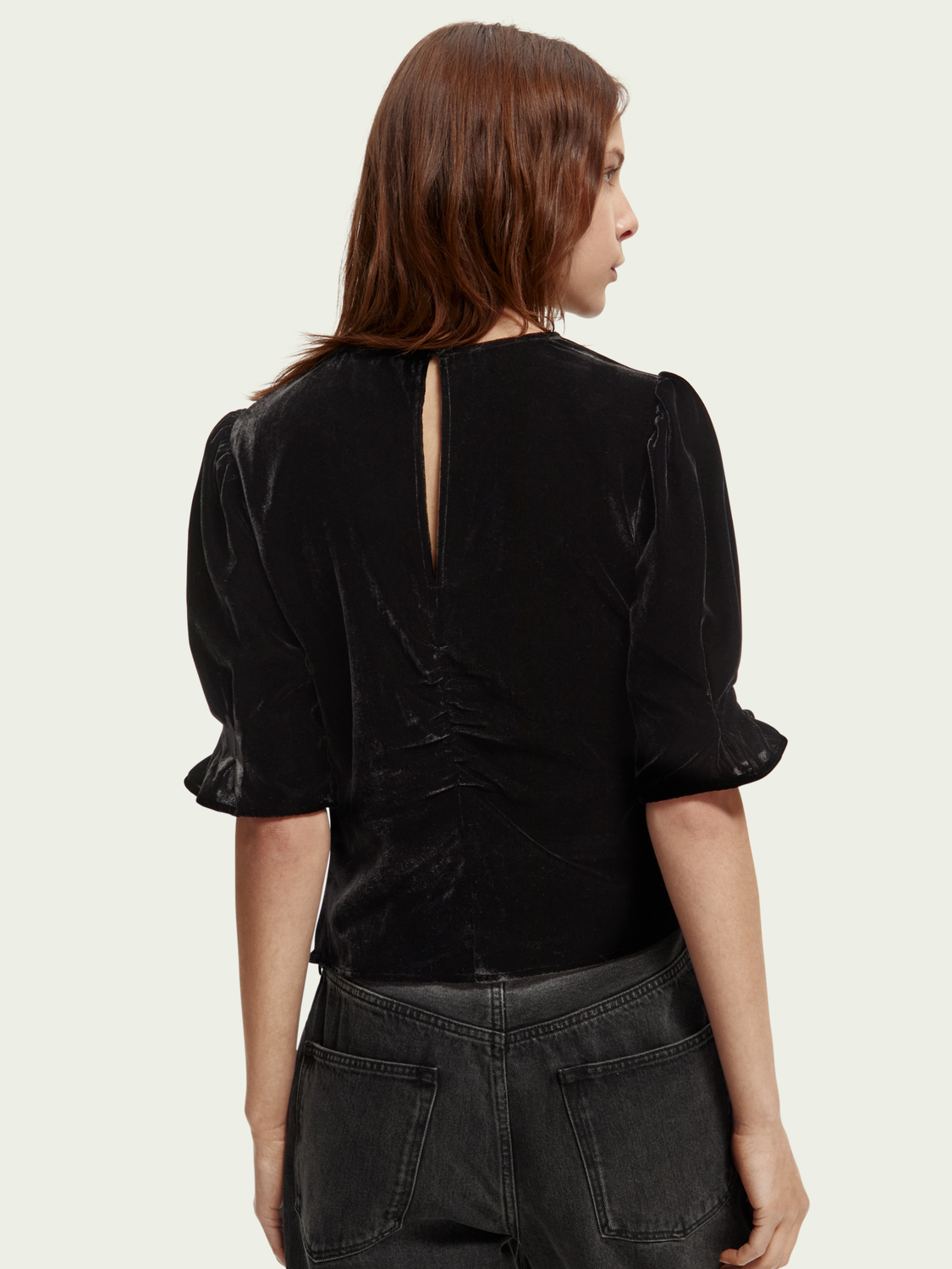 Velvet Ruched Puff-sleeved Top