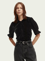 Velvet Ruched Puff-sleeved Top