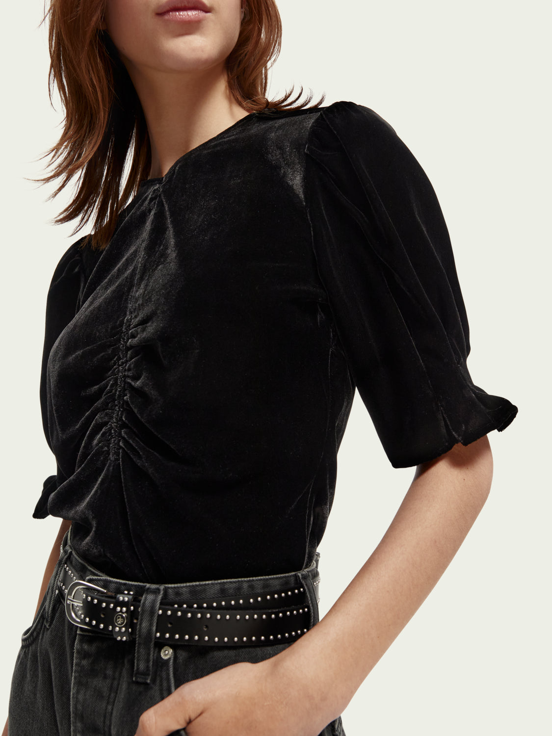 Velvet Ruched Puff-sleeved Top