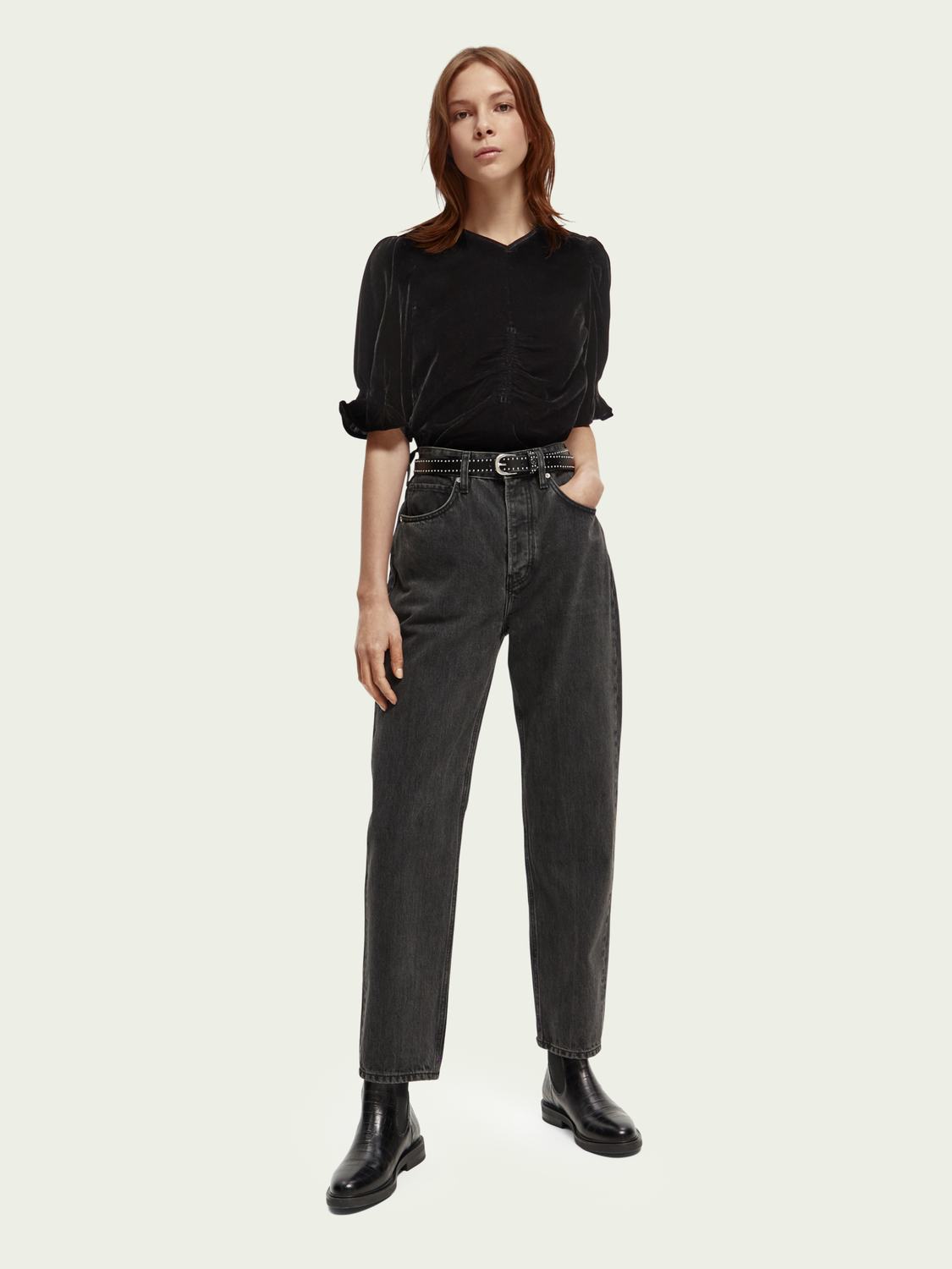 Velvet Ruched Puff-sleeved Top